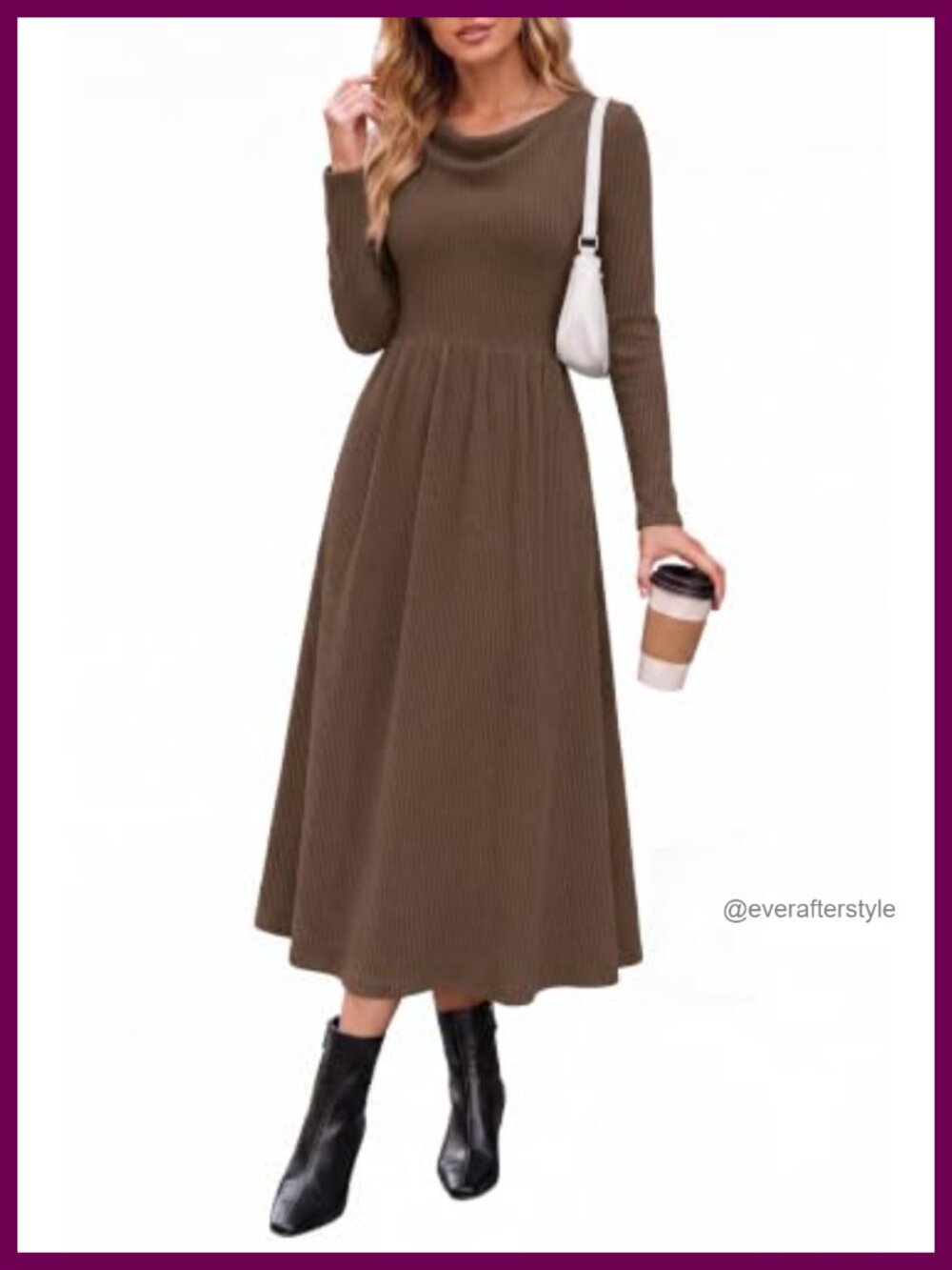 Women Ribbed Knit Cowl Neck Long Sleeve Midi Dress Pockets